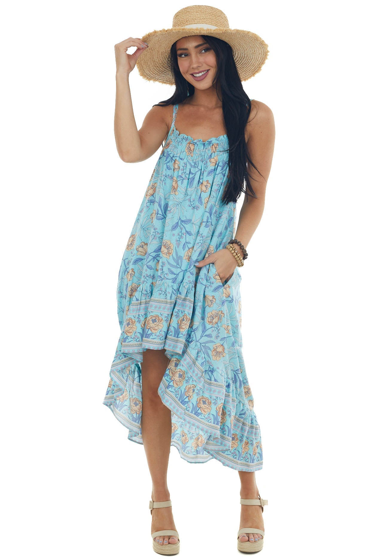 Sky Blue Floral Print Sleeveless High Low Dress