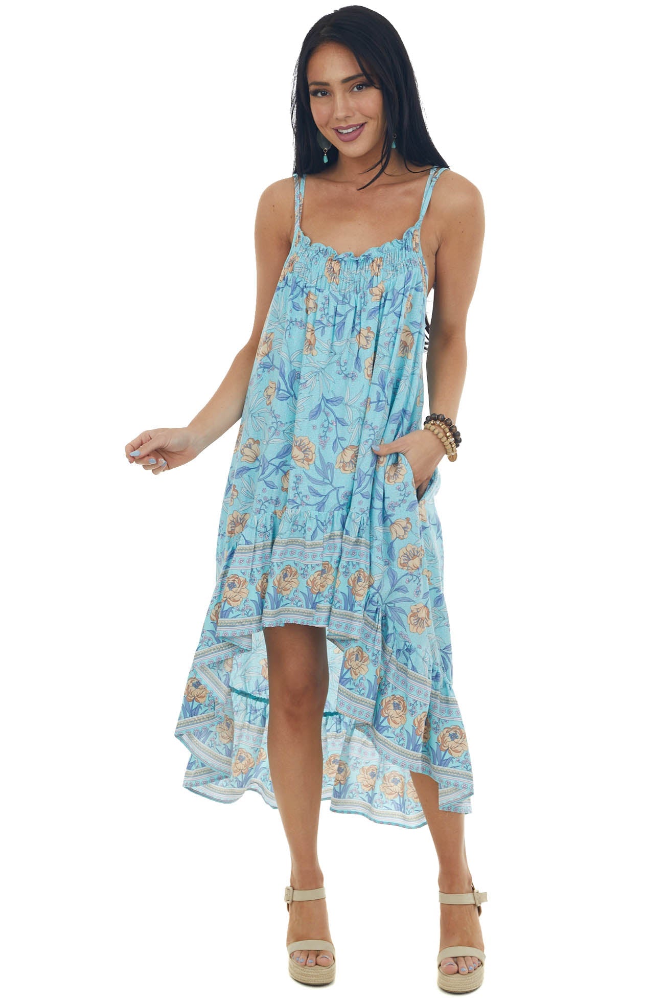 Sky Blue Floral Print Sleeveless High Low Dress
