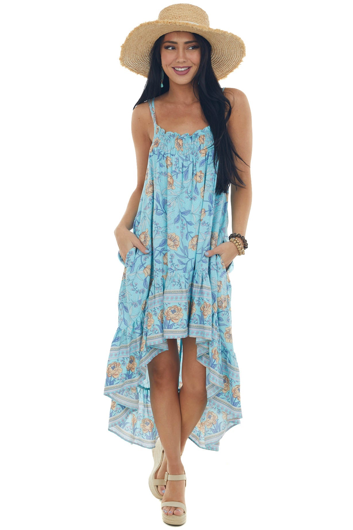 Sky Blue Floral Print Sleeveless High Low Dress