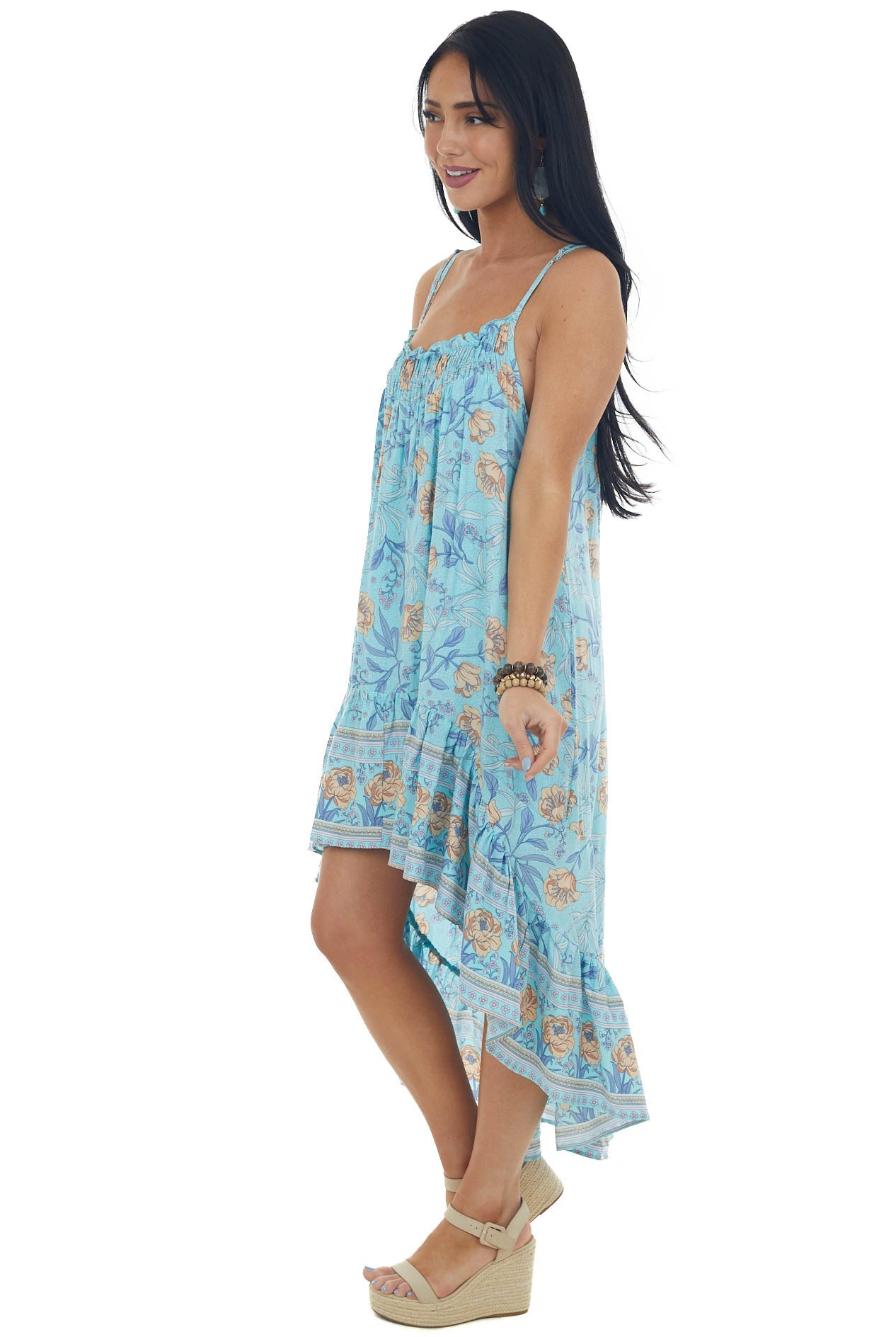 Sky Blue Floral Print Sleeveless High Low Dress