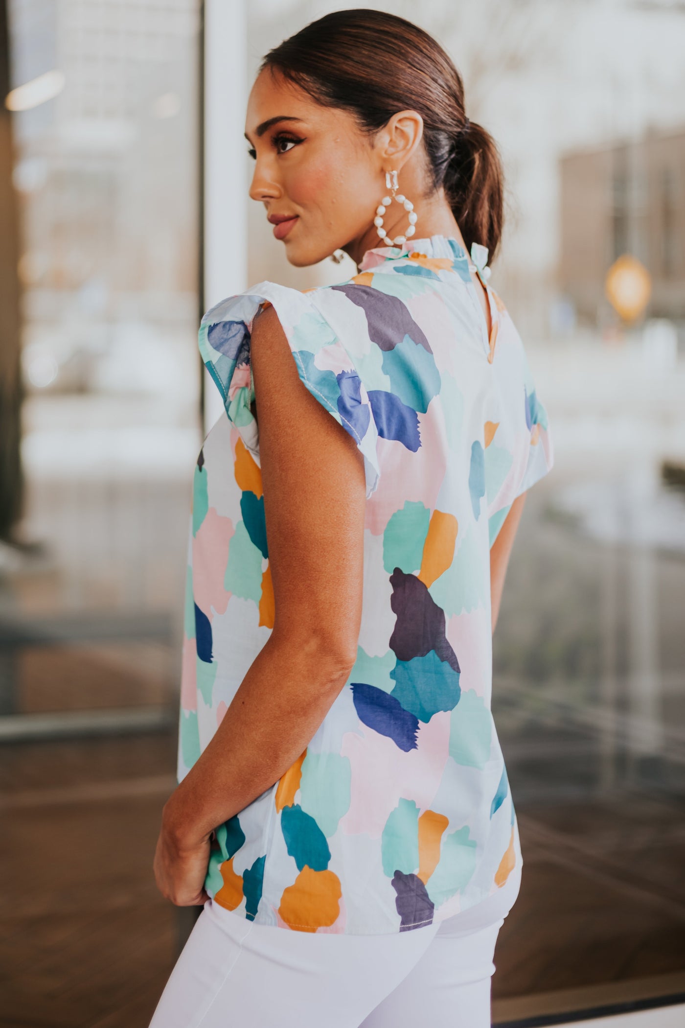 Sky Blue Multicolor Frill Cap Sleeve Woven Blouse