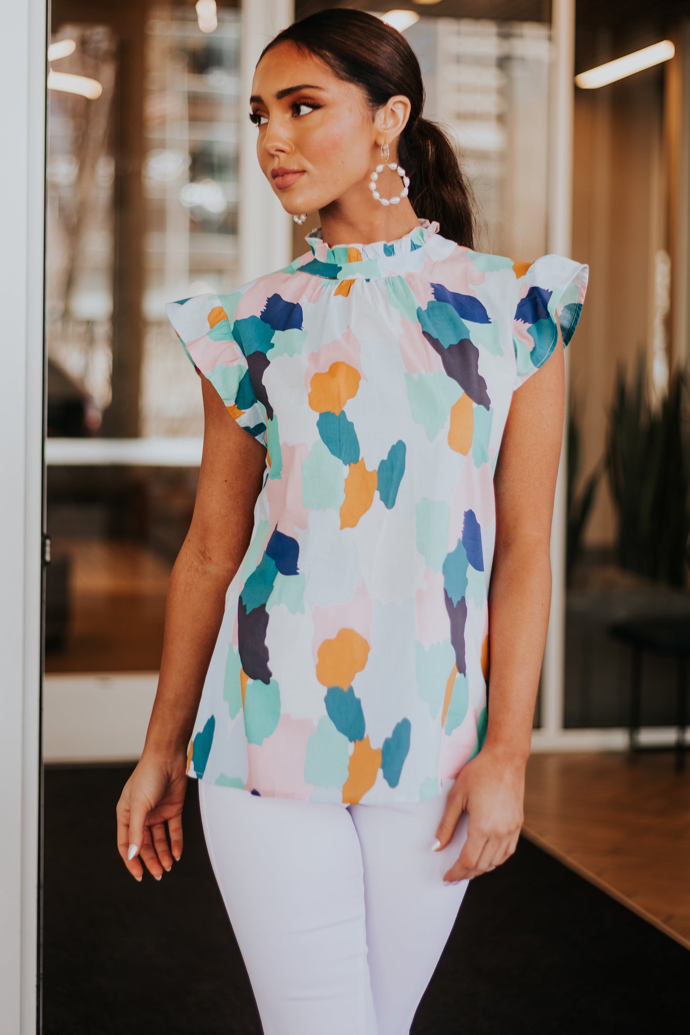 Sky Blue Multicolor Frill Cap Sleeve Woven Blouse