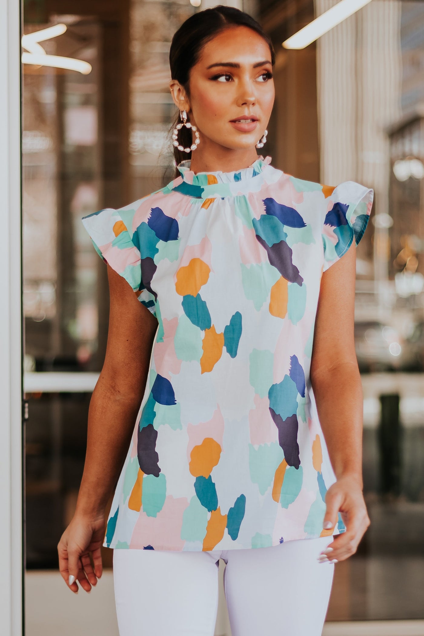 Sky Blue Multicolor Frill Cap Sleeve Woven Blouse