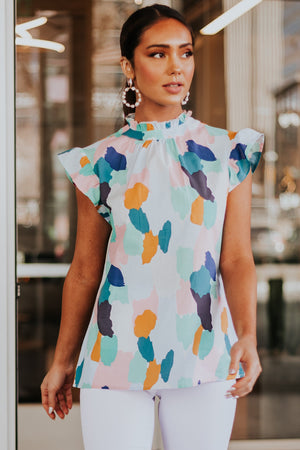 Sky Blue Multicolor Frill Cap Sleeve Woven Blouse