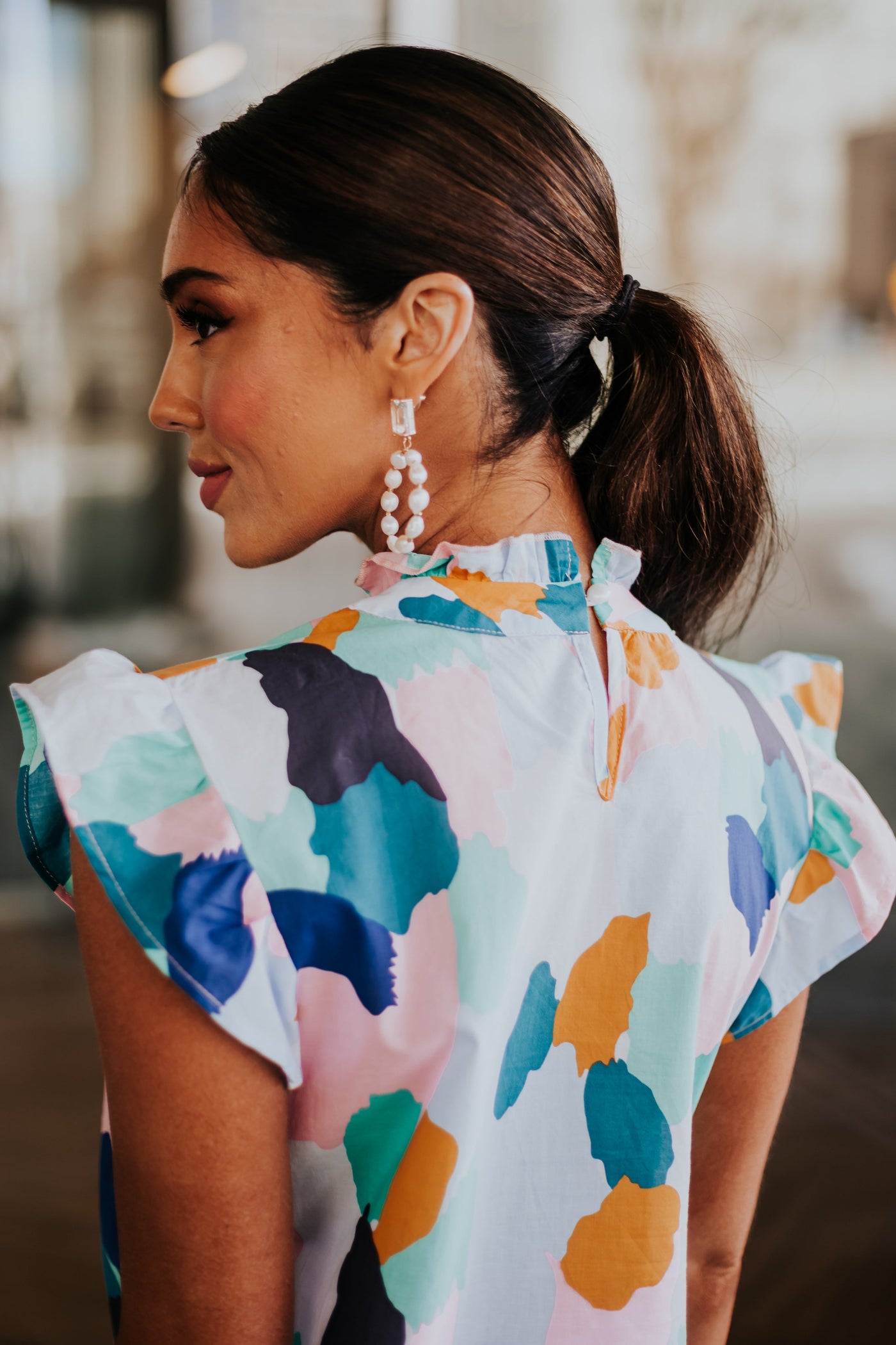Sky Blue Multicolor Frill Cap Sleeve Woven Blouse