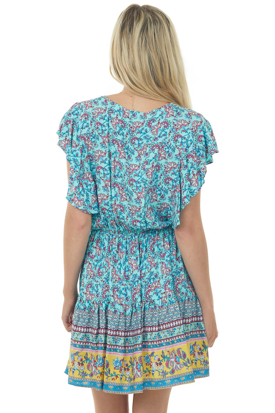 Sky Blue Paisley Print Surplice Short Dress