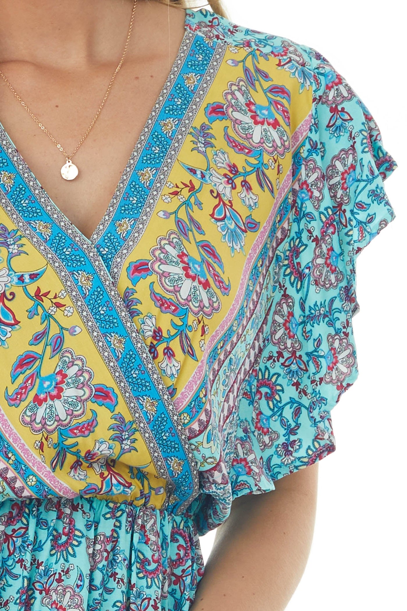 Sky Blue Paisley Print Surplice Short Dress