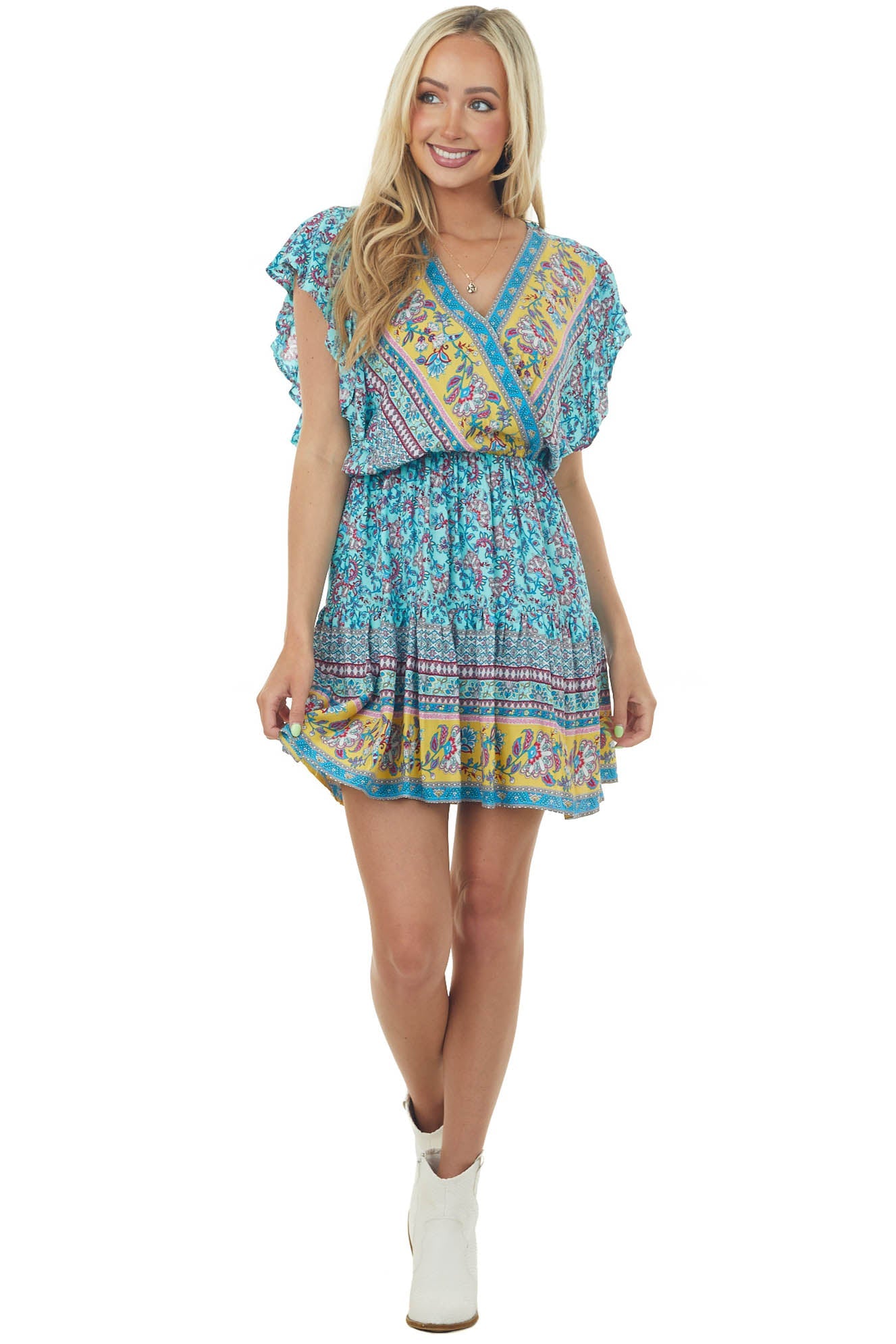 Sky Blue Paisley Print Surplice Short Dress