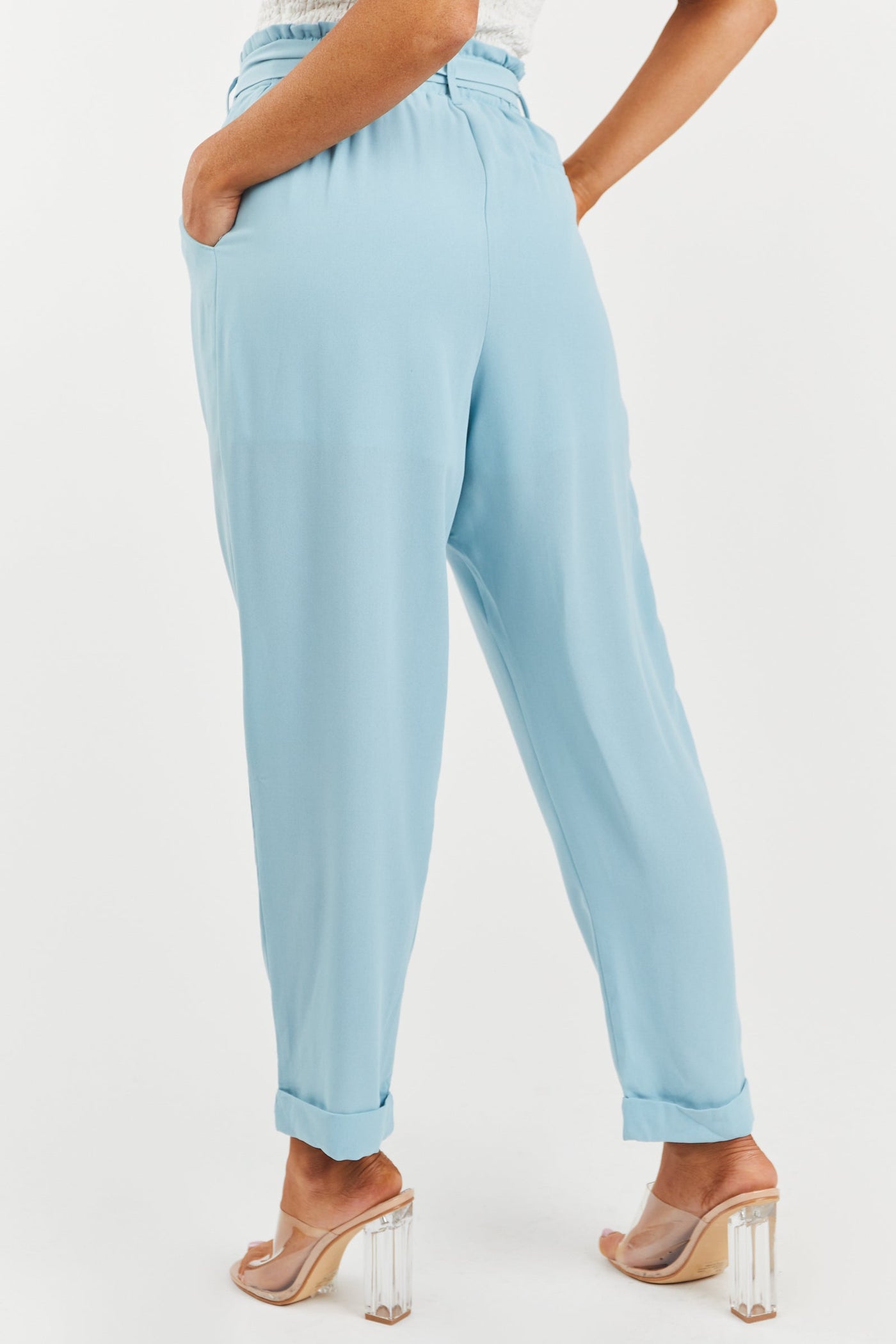 Sky Blue Paper Bag Pleated Straight Leg Pants