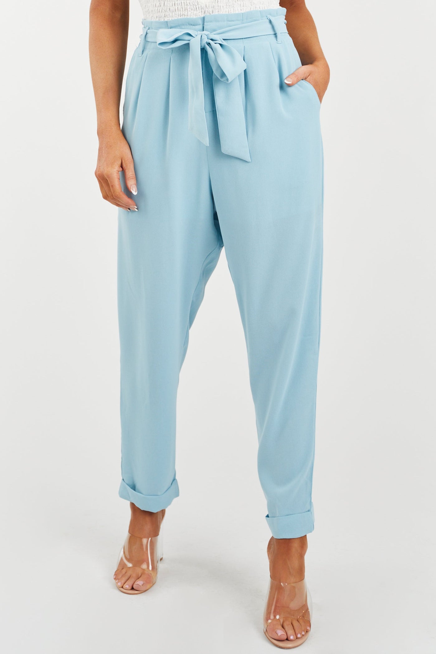 Sky Blue Paper Bag Pleated Straight Leg Pants