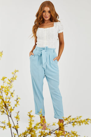 Sky Blue Paper Bag Pleated Straight Leg Pants