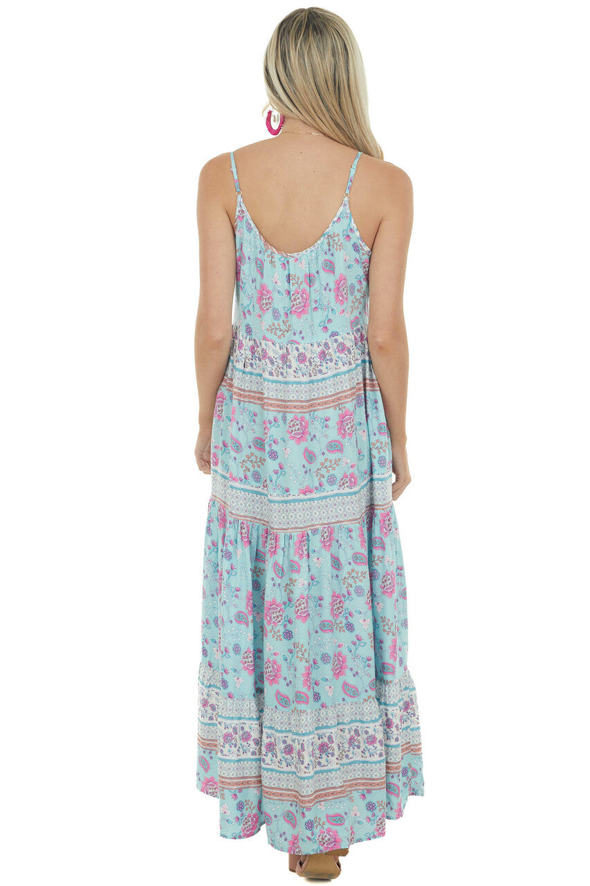 Sky Blue Printed Sleeveless Tiered Maxi Dress