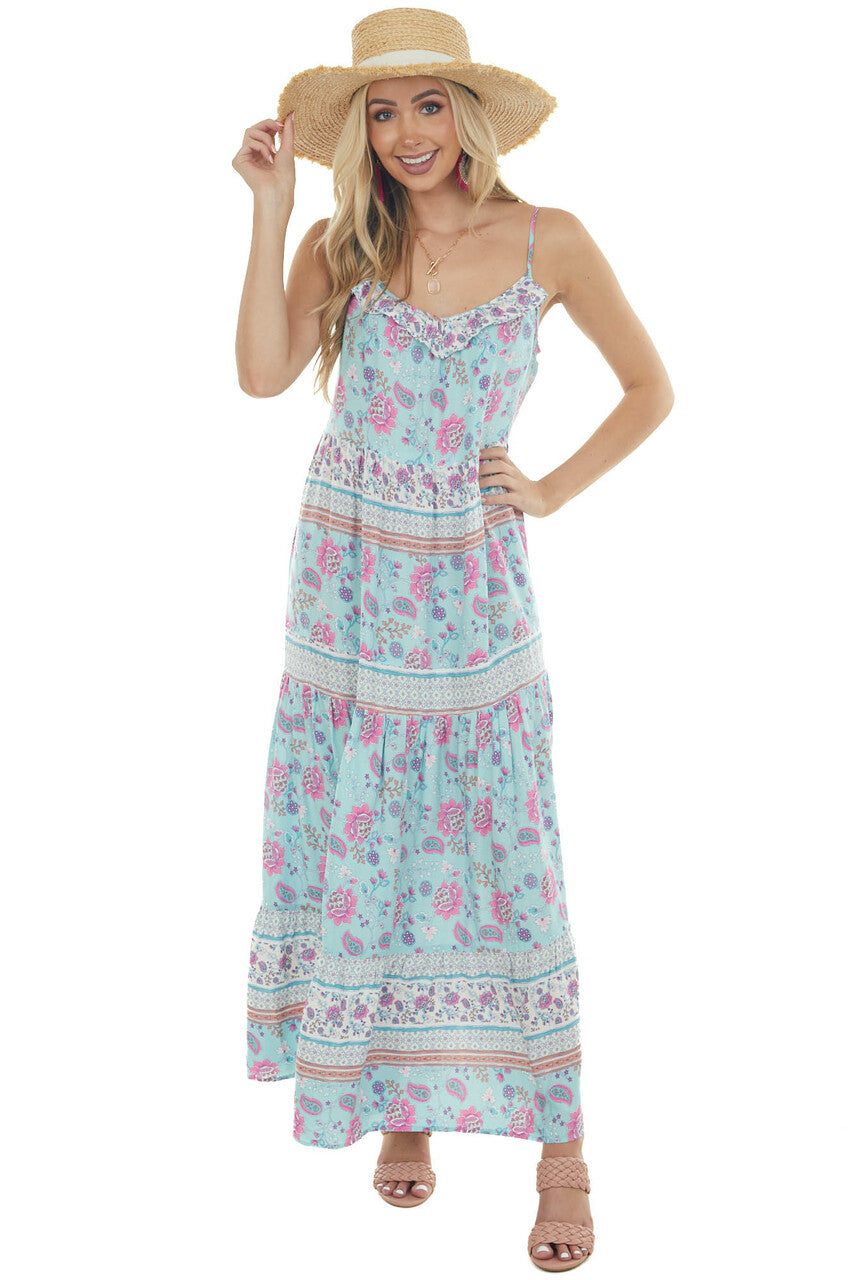 Sky Blue Printed Sleeveless Tiered Maxi Dress