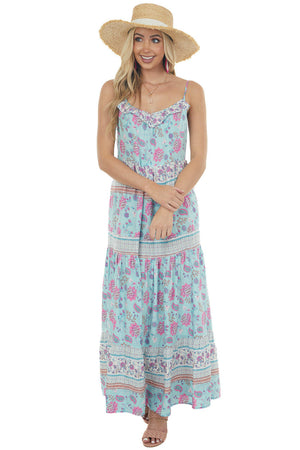 Sky Blue Printed Sleeveless Tiered Maxi Dress