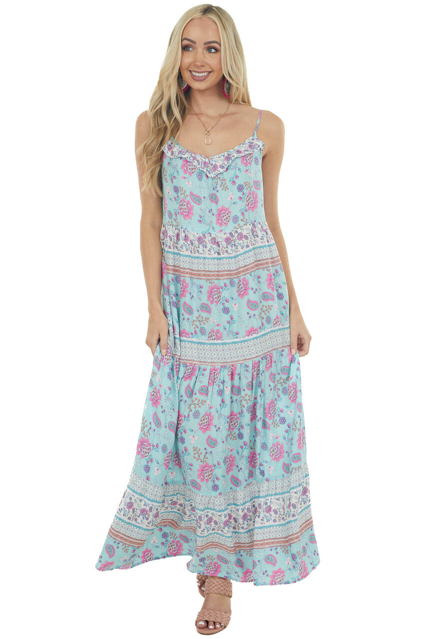 Sky Blue Printed Sleeveless Tiered Maxi Dress
