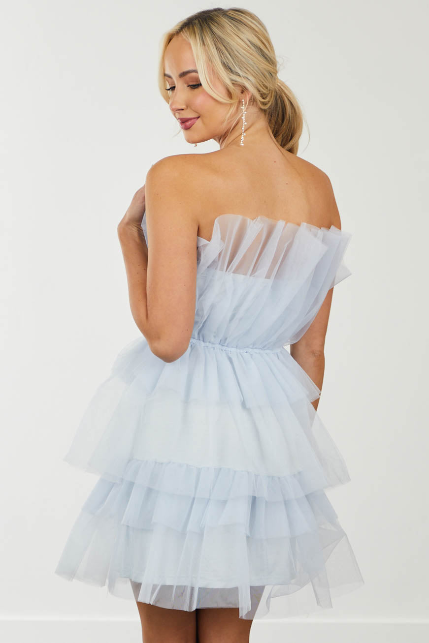 Sky Blue Strapless Layered Tulle Mini Dress