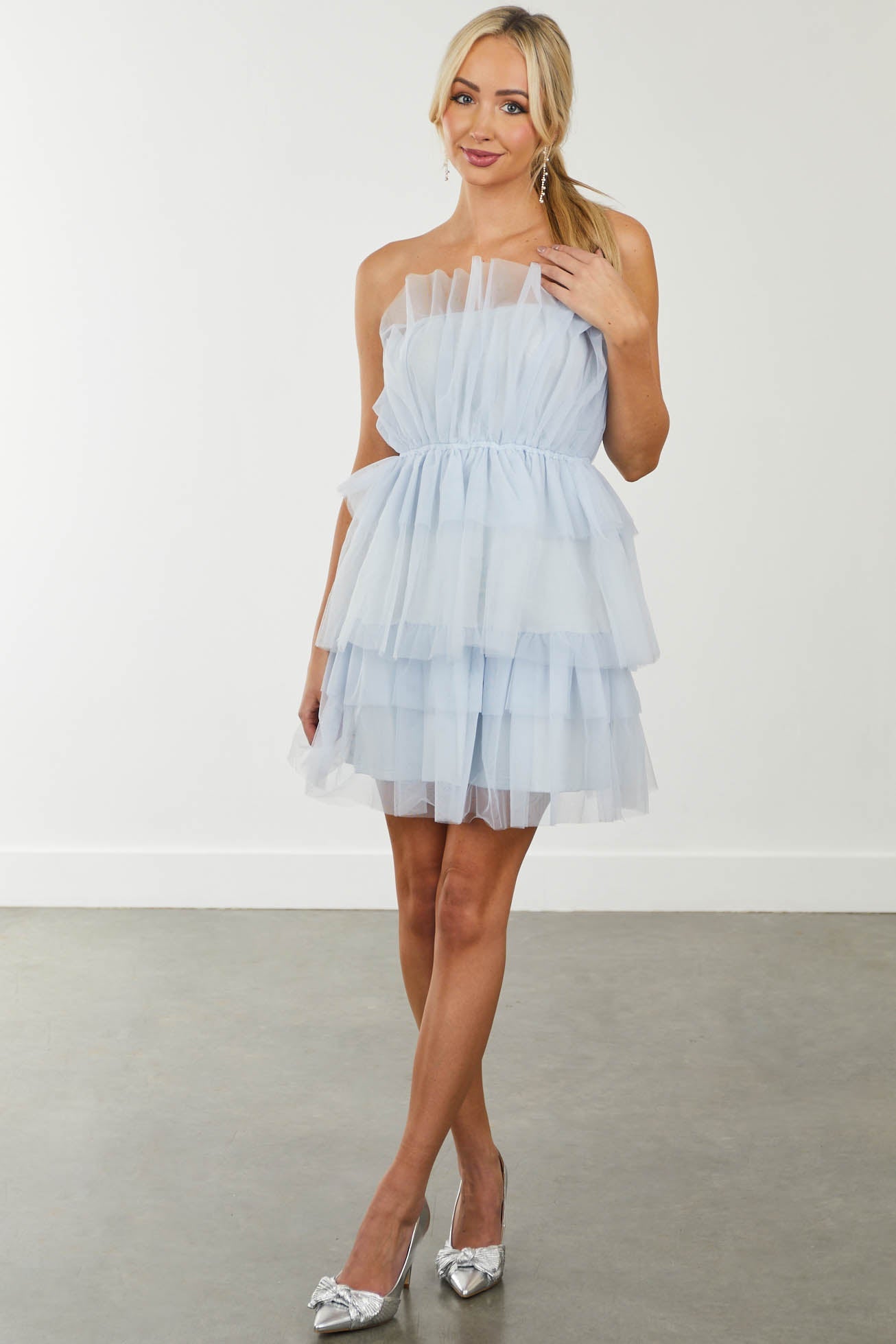Sky Blue Strapless Layered Tulle Mini Dress