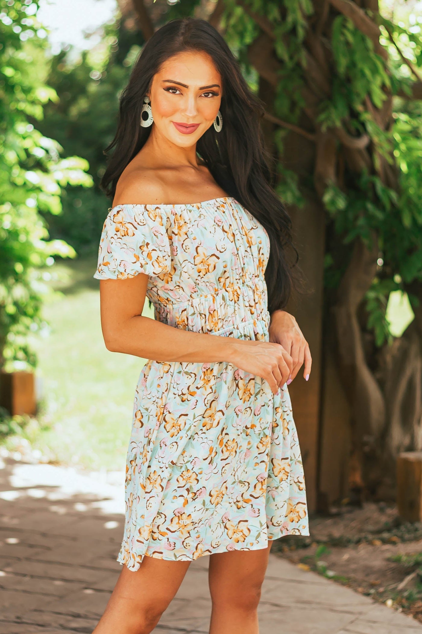 Sky Blue Floral Print Puff Sleeve Mini Dress