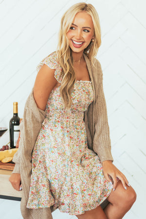 Sky Blue Floral Print Short Ruffle Sleeve Dress