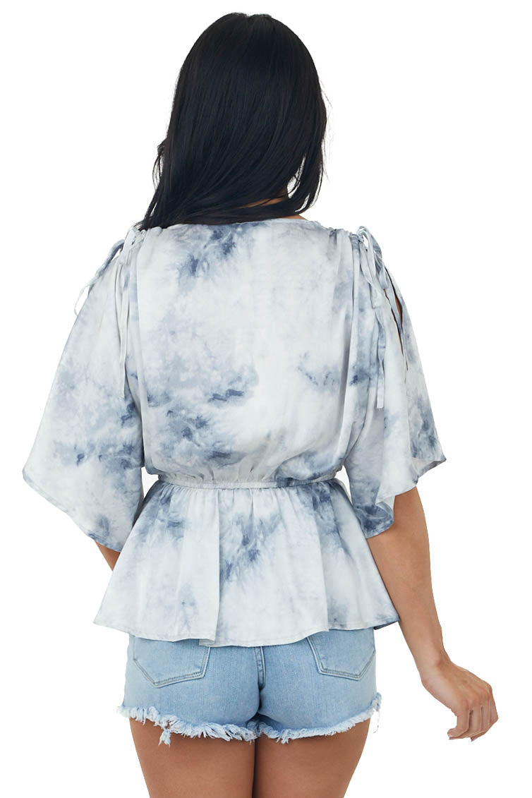 Slate Acid Wash Surplice Elastic Ruffle Waist Top