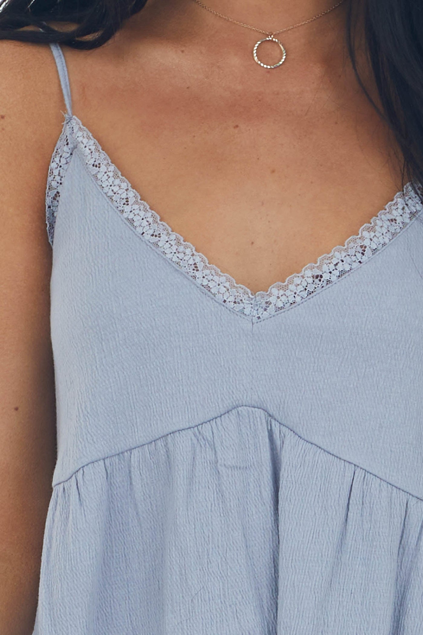 Slate Babydoll Lettuce Hem Crinkle Tank Top