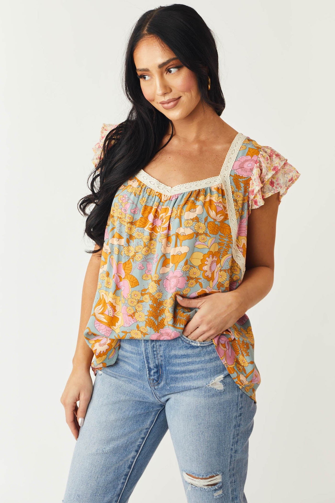 Slate Blue Multi Floral Print Cap Sleeve Blouse