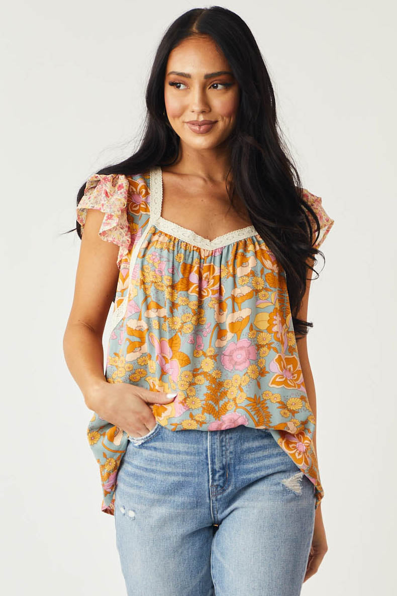 Slate Blue Multi Floral Print Cap Sleeve Blouse