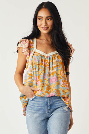 Slate Blue Multi Floral Print Cap Sleeve Blouse