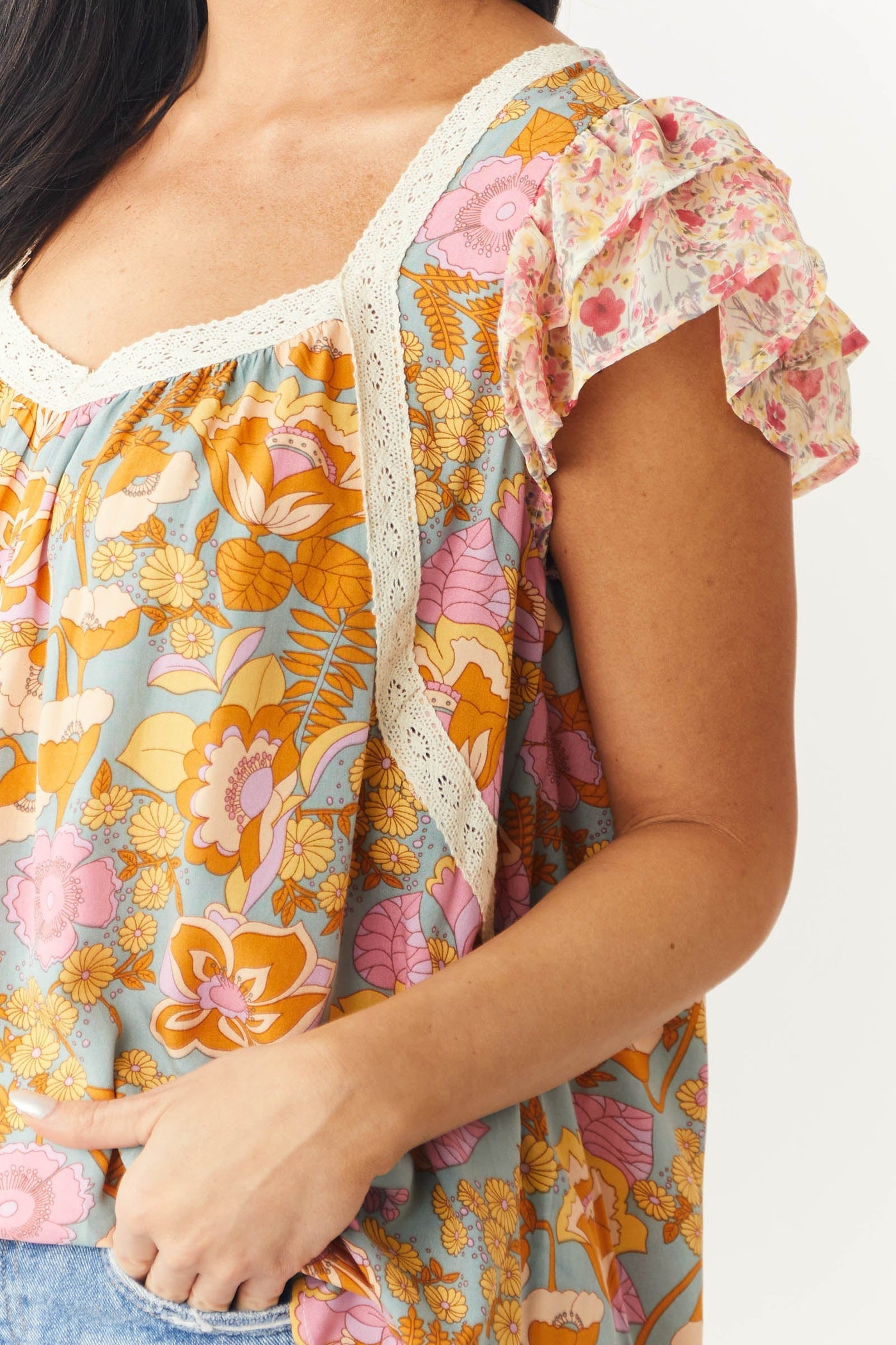 Slate Blue Multi Floral Print Cap Sleeve Blouse