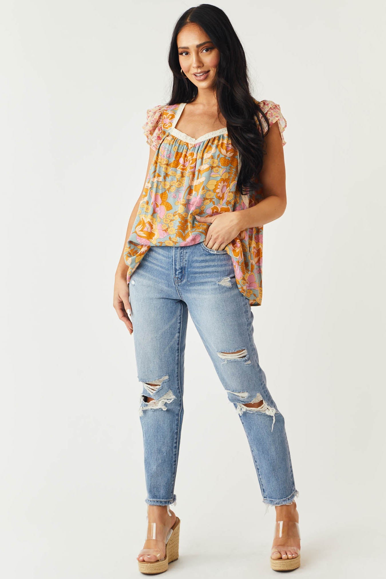 Slate Blue Multi Floral Print Cap Sleeve Blouse