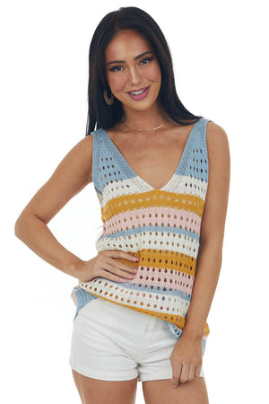 Slate Blue Striped Knit Tank Top with Cutouts