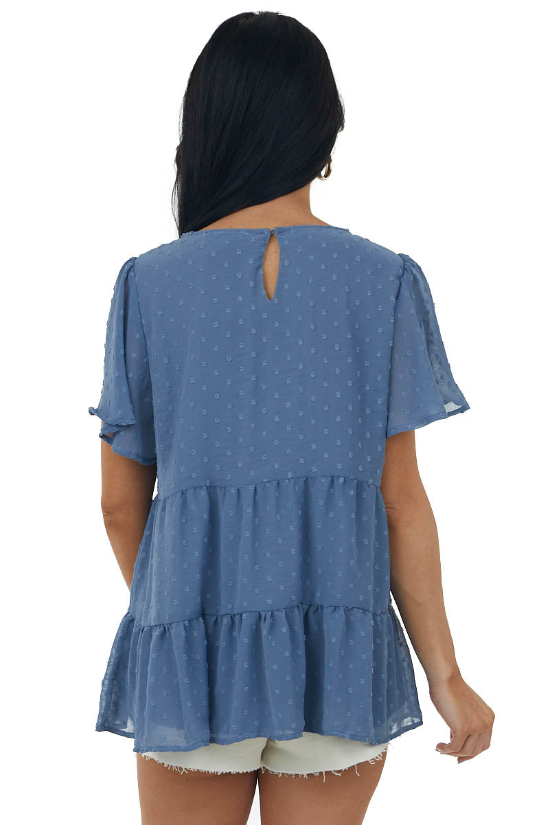 Slate Blue Swiss Dot Tiered Short Sleeve Blouse