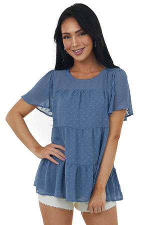 Slate Blue Swiss Dot Tiered Short Sleeve Blouse