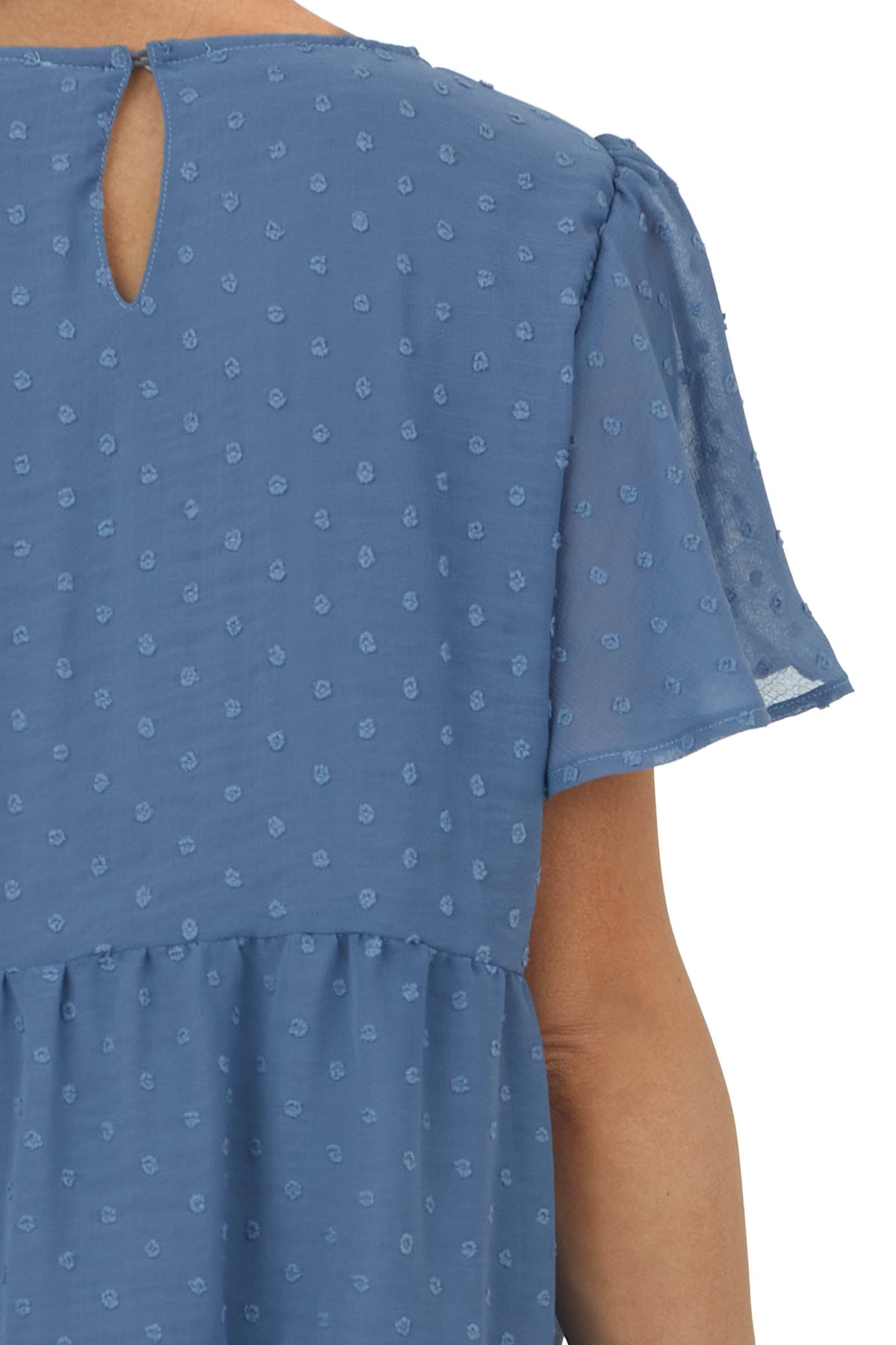 Slate Blue Swiss Dot Tiered Short Sleeve Blouse