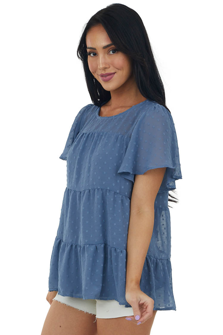Slate Blue Swiss Dot Tiered Short Sleeve Blouse
