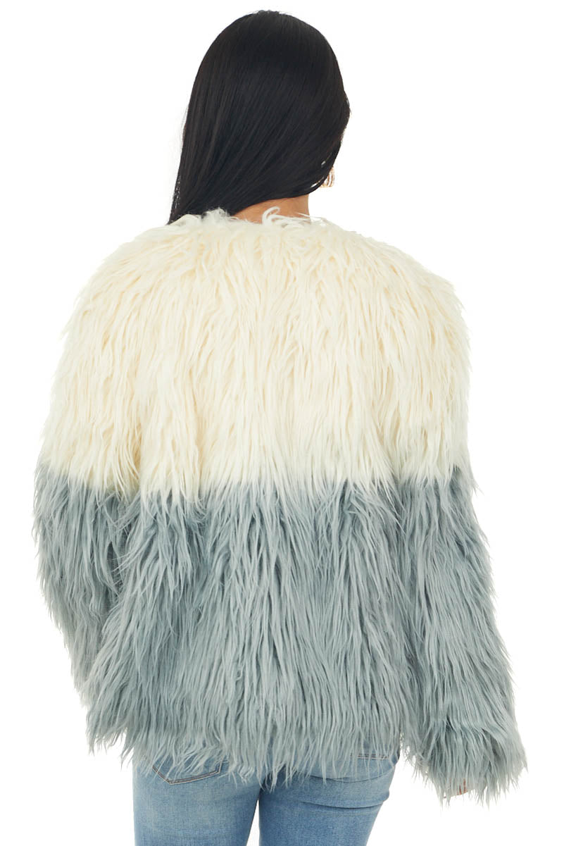 Slate and Cream Faux Fur Open Front Jacket