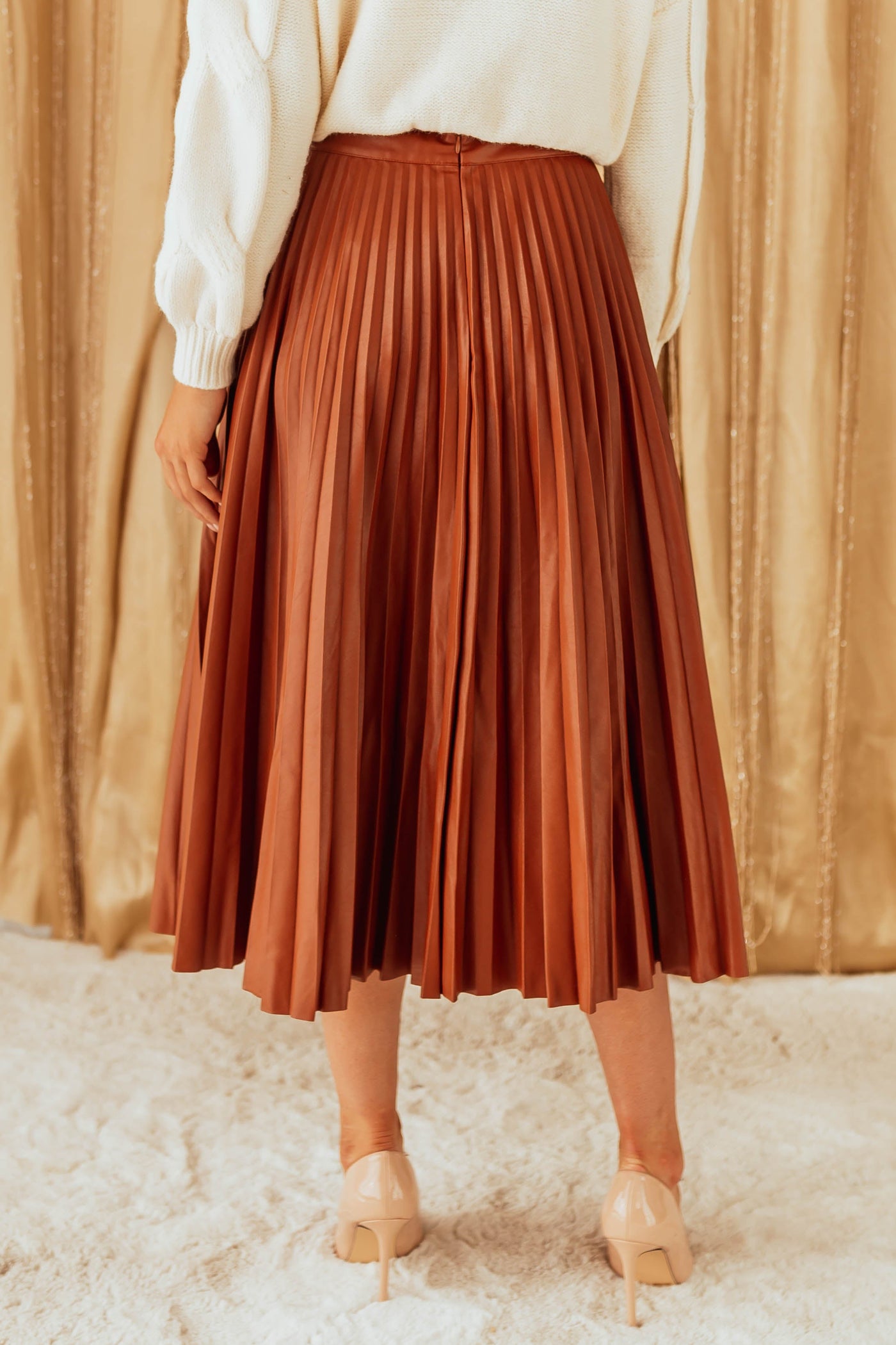 Spice Brown Faux Leather Pleated Midi Skirt