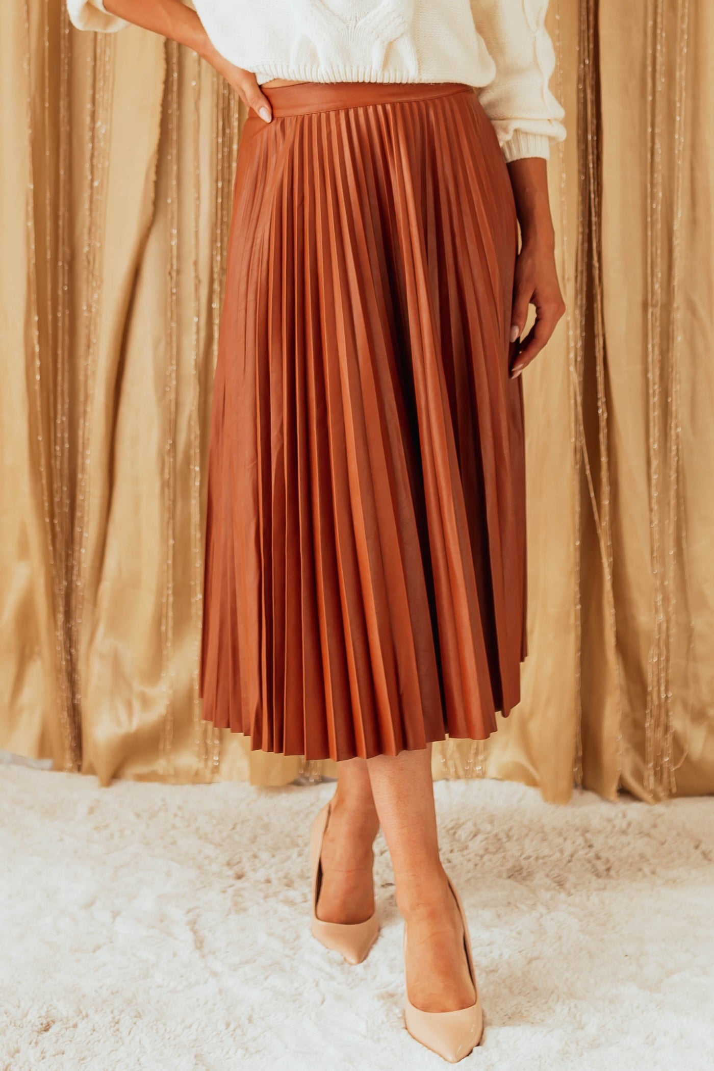 Spice Brown Faux Leather Pleated Midi Skirt