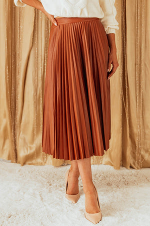 Spice Brown Faux Leather Pleated Midi Skirt