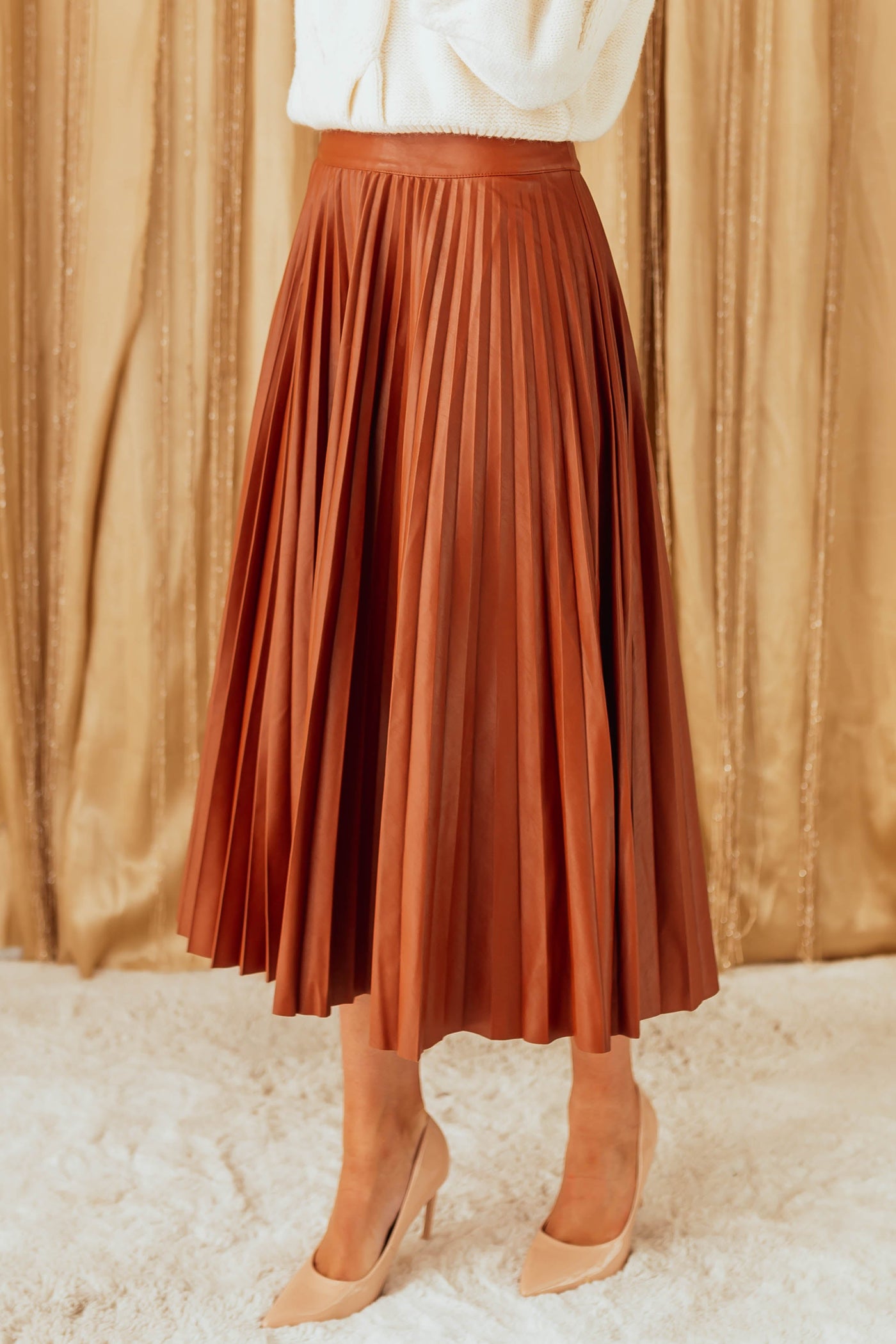 Spice Brown Faux Leather Pleated Midi Skirt