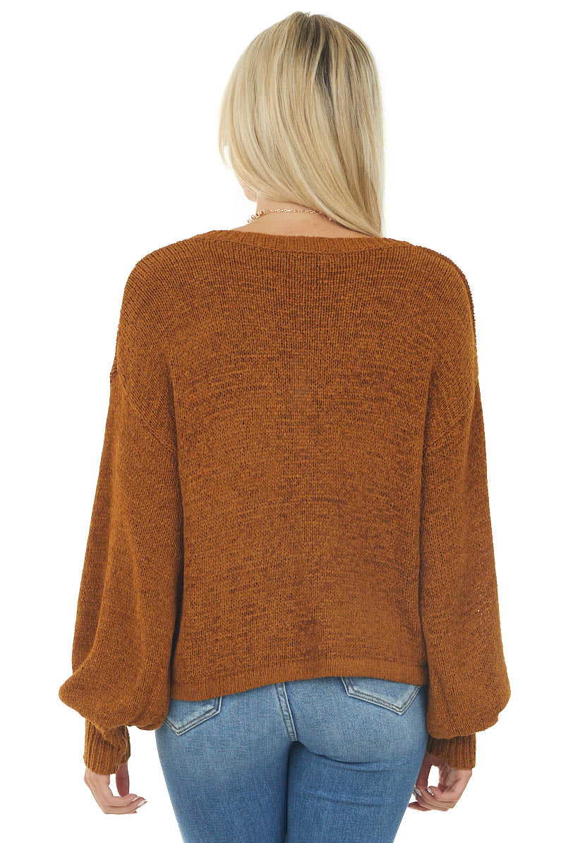 Spice Brown Long Bubble Sleeve Knit Sweater