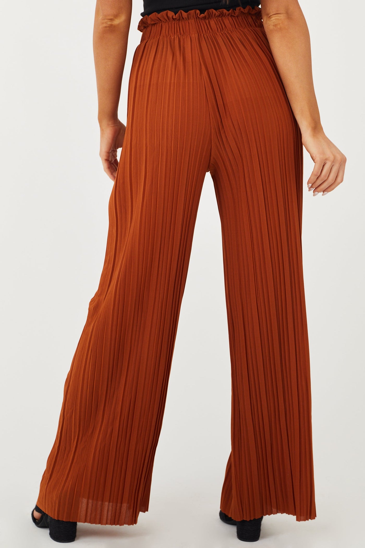 Spice Brown Pleated Wide Leg Waist Tie Pants