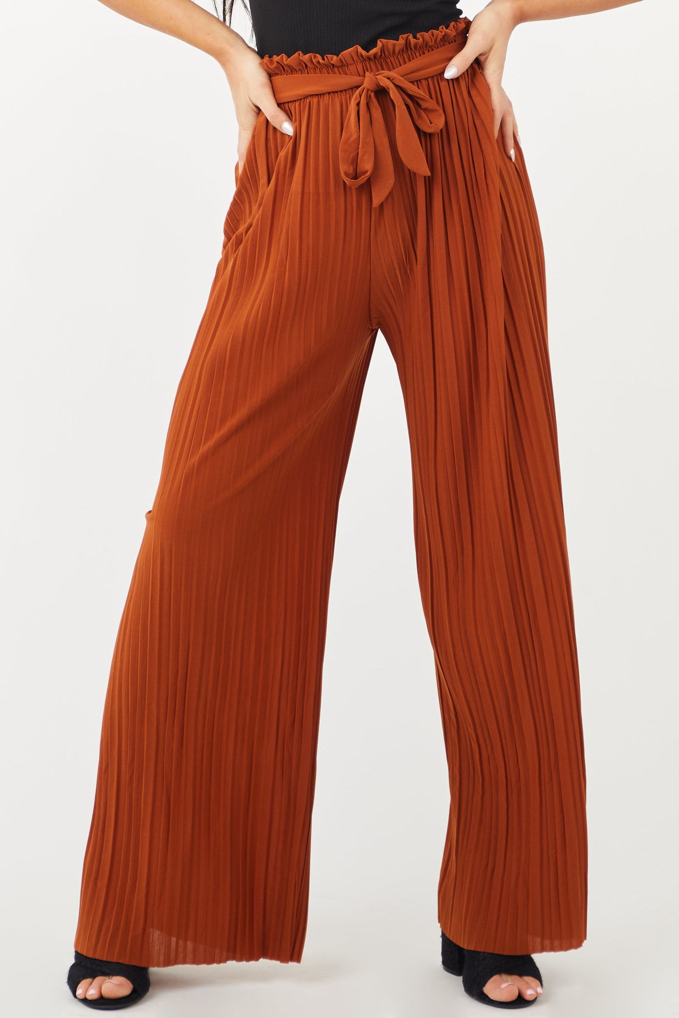 Spice Brown Pleated Wide Leg Waist Tie Pants
