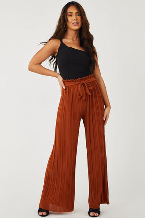 Spice Brown Pleated Wide Leg Waist Tie Pants
