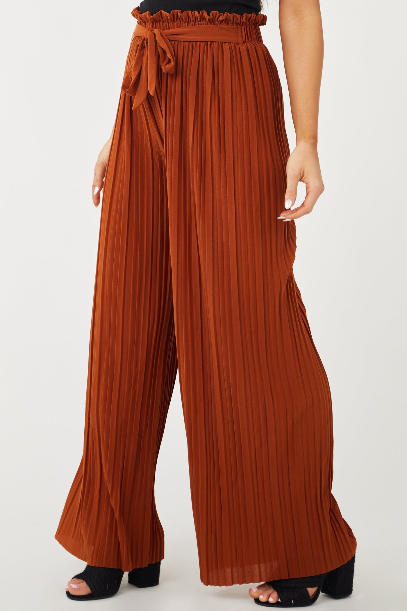 Spice Brown Pleated Wide Leg Waist Tie Pants