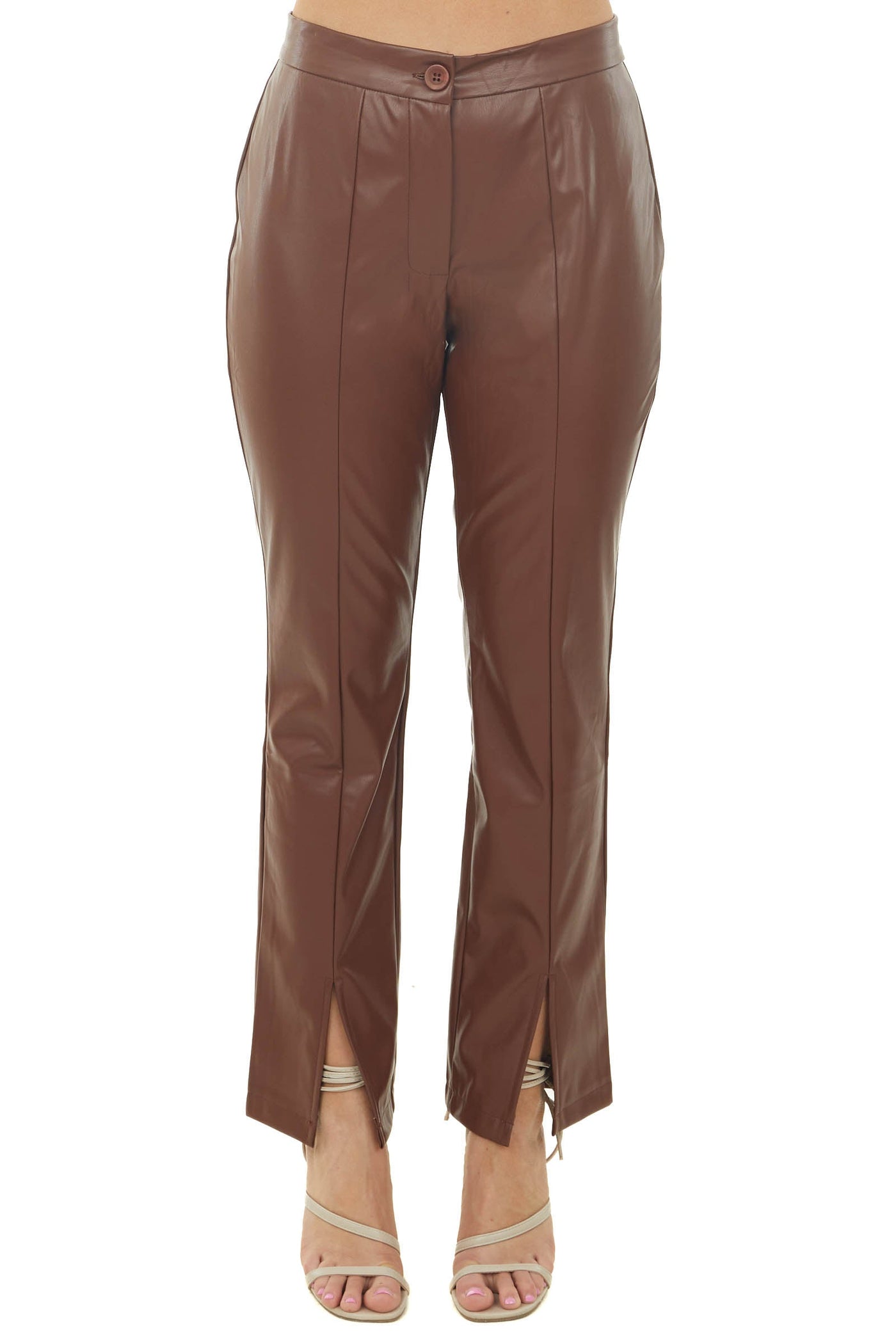 Spice Faux Leather Slit Hem Straight Pants