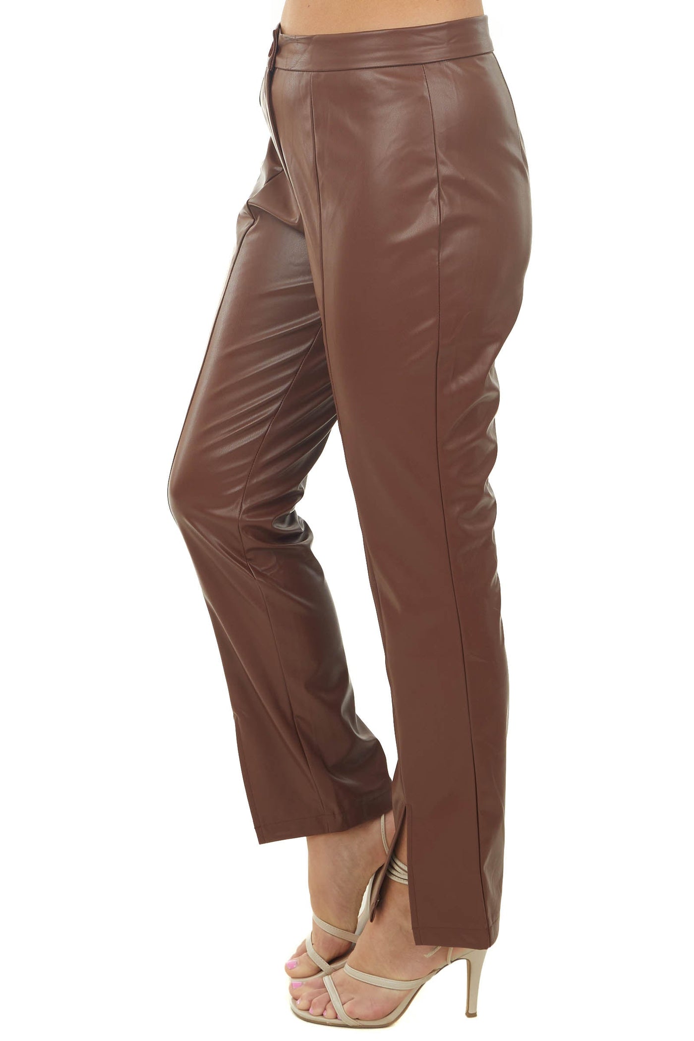 Spice Faux Leather Slit Hem Straight Pants