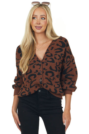 Spice Leopard Print Button Up Knit Cardigan