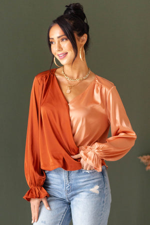 Spice and Apricot Colorblock Surplice Satin Blouse