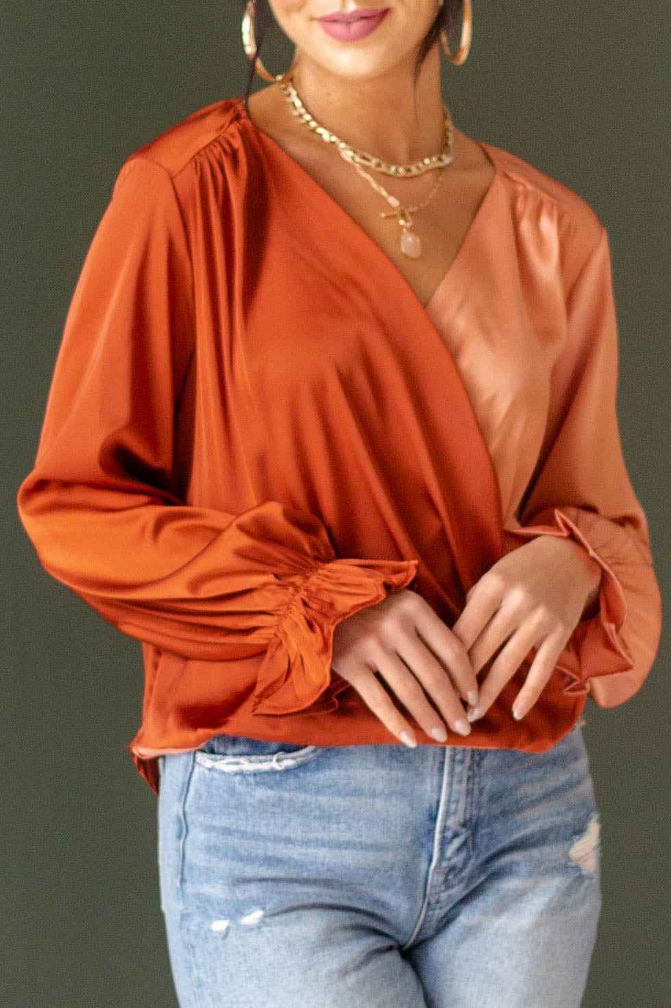 Spice and Apricot Colorblock Surplice Satin Blouse